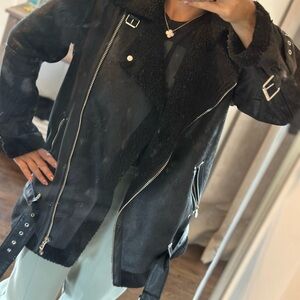 Avec Les Filles Black Leather Jacket with Shearling